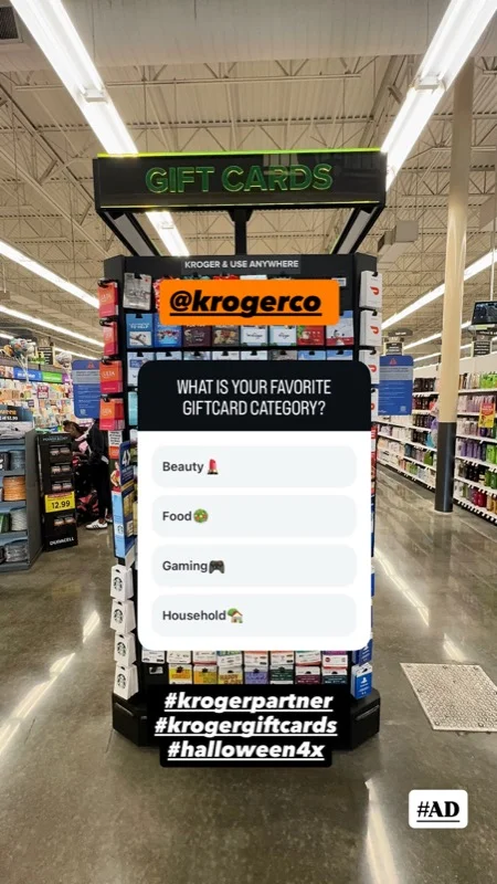 Instagram story poll at a Kroger gift card display asking followers to pick their favorite gift card category