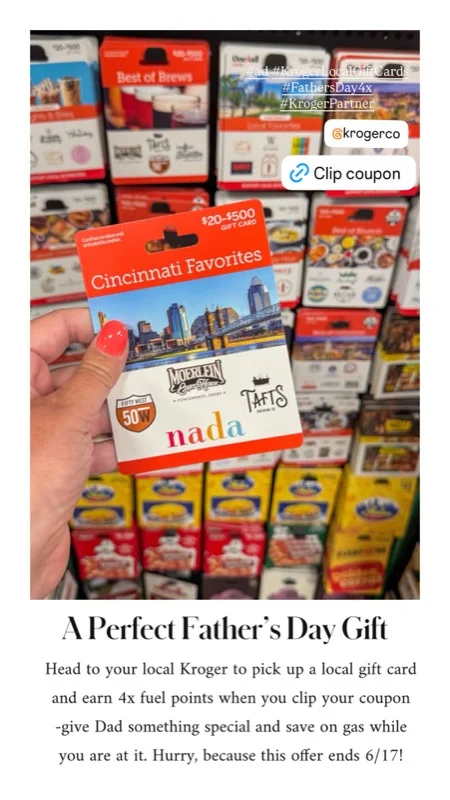 Hand holding a Cincinnati Favorites local gift card in the aisle, framed as a perfect Father's Day gift