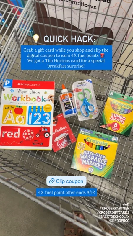 Shopping cart of school supplies with a Tim Hortons gift card and a clip-the-coupon 4X Fuel Points call to action