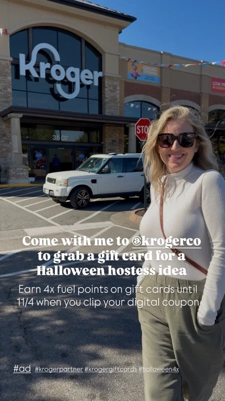 Creator outside a Kroger storefront sharing a Halloween hostess gift card idea