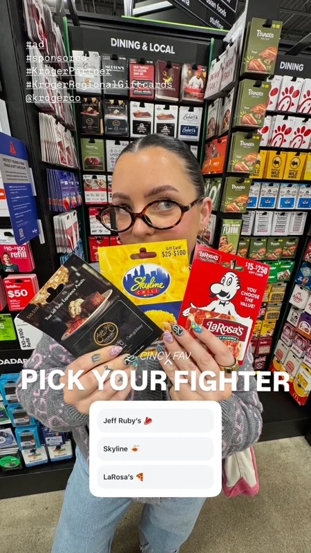 Creator holding Jeff Ruby's, Skyline Chili, and LaRosa's gift cards with a pick-your-fighter poll of Cincinnati favorites