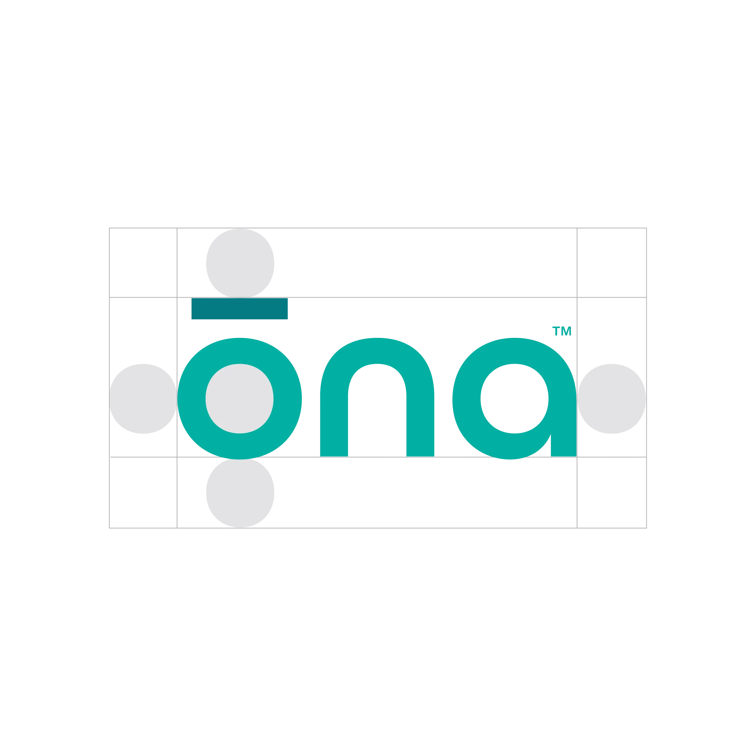 ōna logo construction grid showing the circular letterforms and accent bar