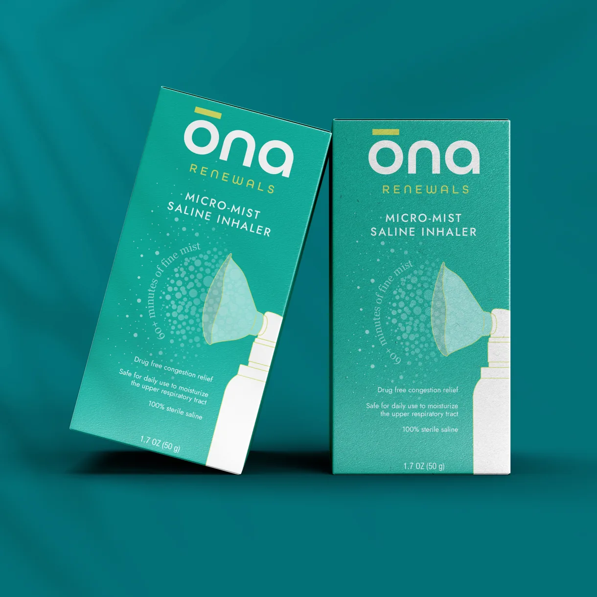 Two ōna Renewals micro-mist saline inhaler boxes on a teal background
