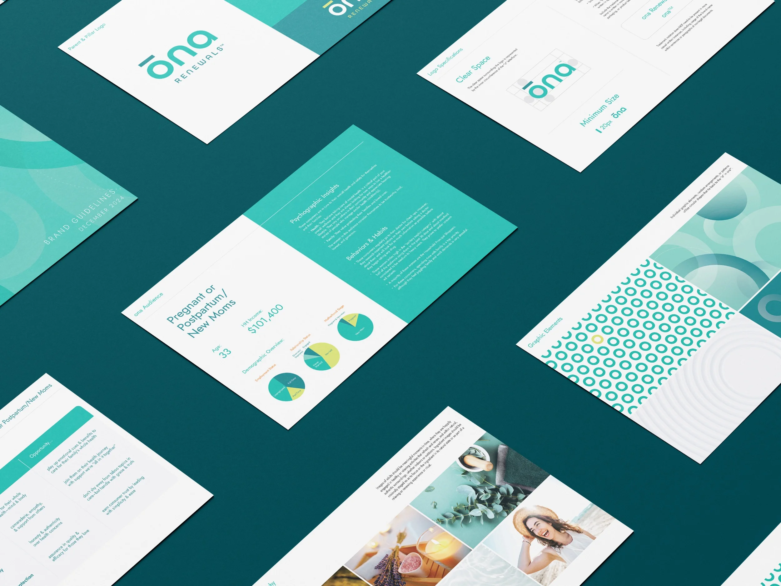 Spread of ōna brand guideline pages fanned across a dark teal background