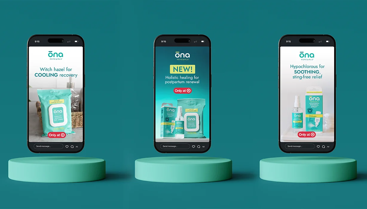 Three phones on teal pedestals showing ōna social posts for cooling, postpartum, and soothing products
