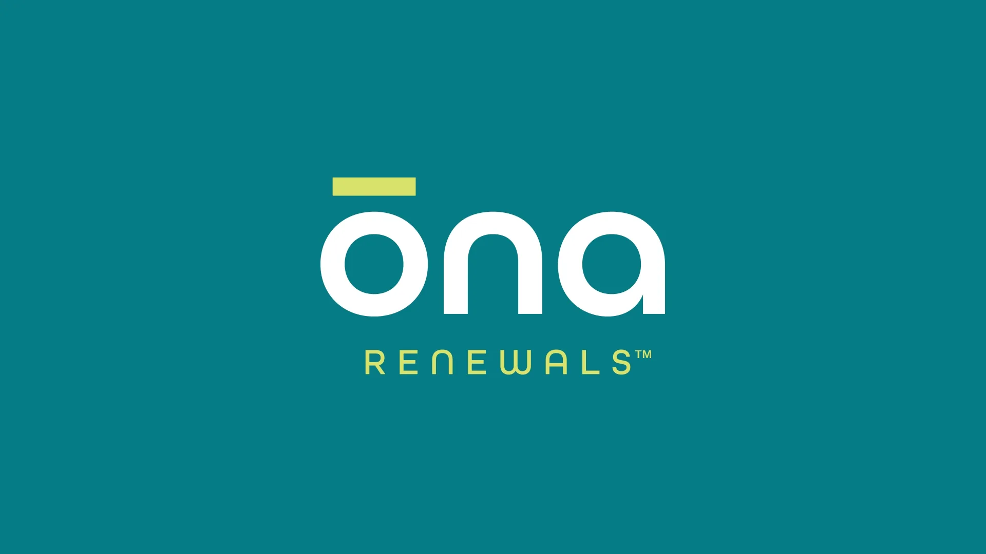ōna Renewals wordmark in white with a yellow accent bar on a teal field