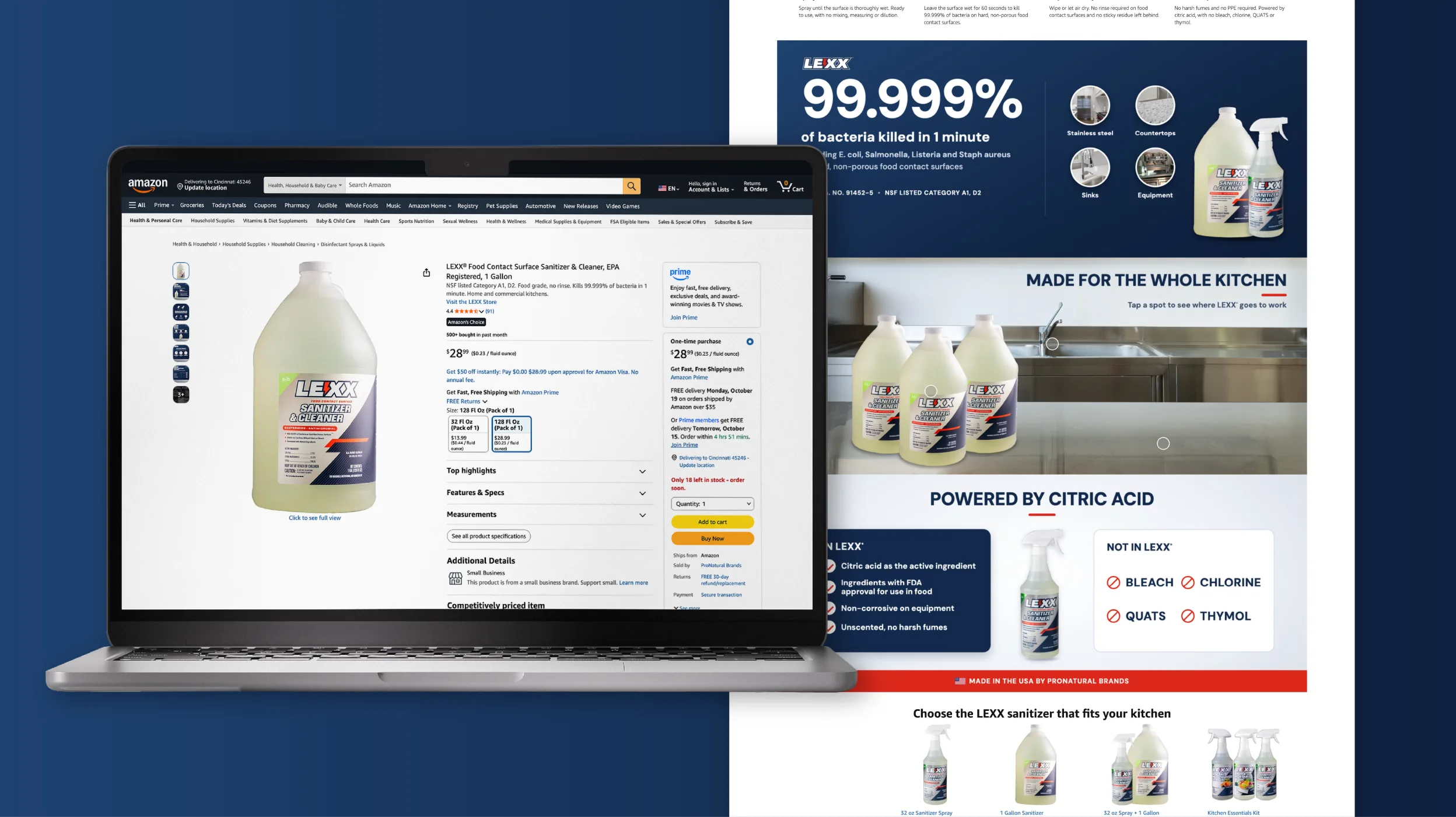 LEXX Food Contact Surface Sanitizer Amazon listing on a laptop beside its A+ content