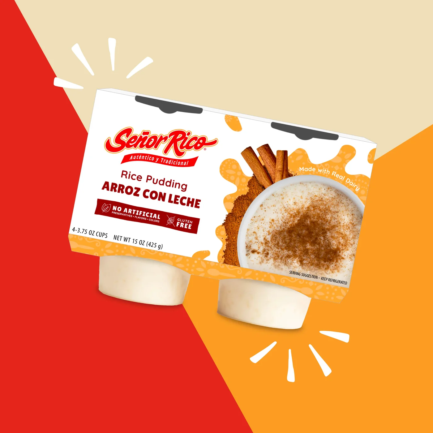 Señor Rico rice pudding four-pack packaging, arroz con leche topped with cinnamon, on a bold red and orange ground